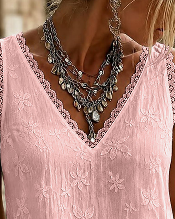 Débardeur Col-V Uni Dentelle