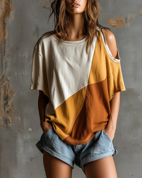 T-Shirt Bloc De Couleur Hors Épaule Lâche