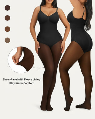 Panneau Transparent Avec Collant Doublé Polaire Stay-Warm Contrôle Du Ventre Effet Transparent Collant Bodysuit Noir Basique