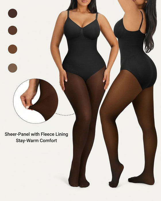 Panneau Transparent Avec Collant Doublé Polaire Stay-Warm Contrôle Du Ventre Effet Transparent Collant Bodysuit Noir Basique