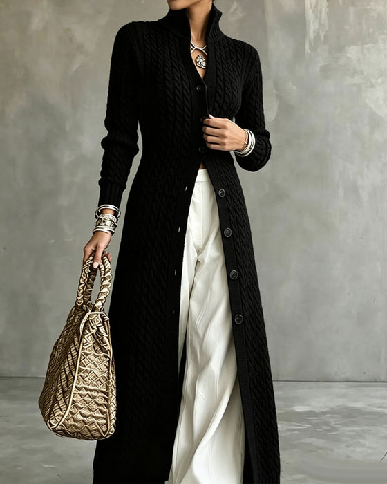 Cardigan Col Montant Tresse Bouton Long