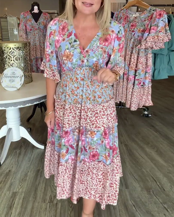 Robe Encolure En V Manche Lotus Fleuri