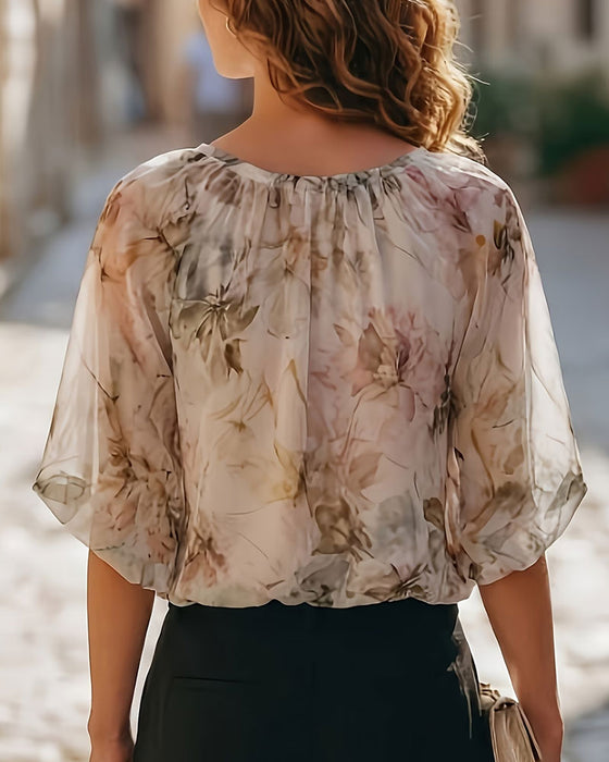 Blouse Lavis Encre Florale Manche Bouffante