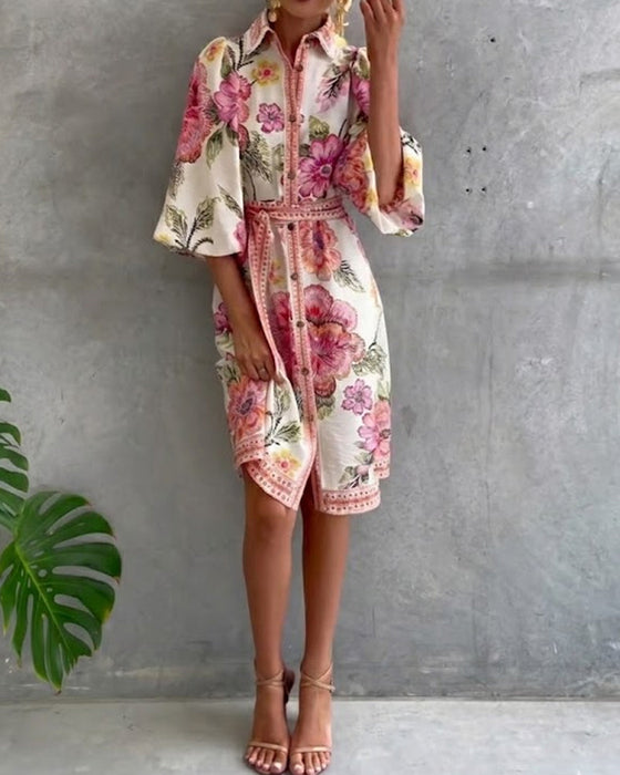 Robe Manche Lanterne Col Cranté Imprimé