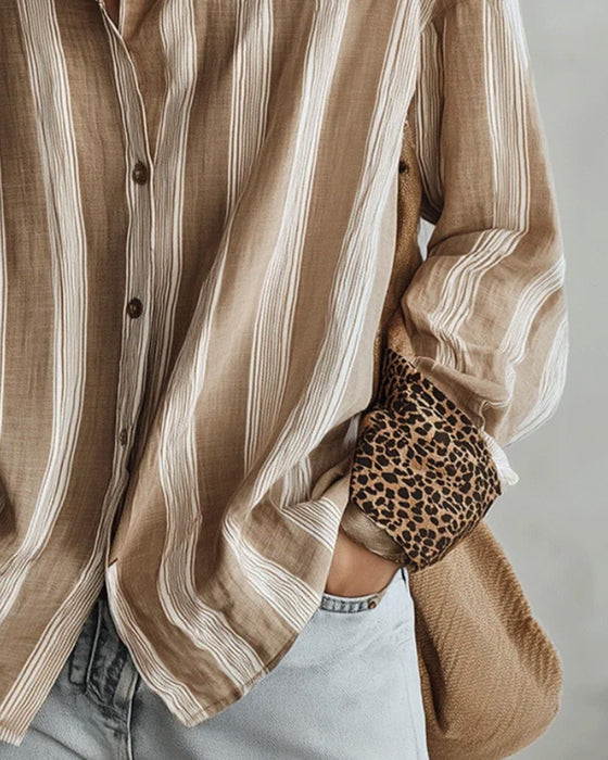 Chemise Décontractée Col Chemise Léopard Rayure