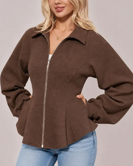 Manteau Revers Fermeture Éclair Taille Plissée
