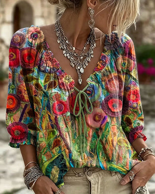 Blouse Col En V Volant Manches Ballon Attacher