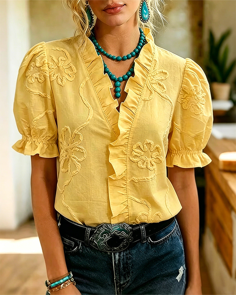 Blouse Col En V Bordure Volantée Manche Bouffante