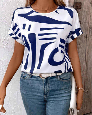 T-Shirt Col Rond Manche Courte Imprimé Géométrique