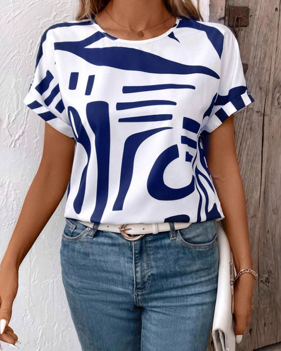 T-Shirt Col Rond Manche Courte Imprimé Géométrique