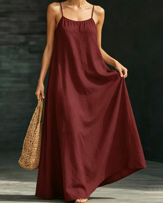 Robe Couleur Unie Bretelles Spaghetti Poche Longue