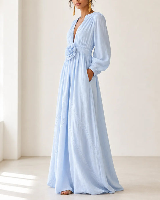 Robe Col En V 3D Fleuri Unie Jupe Ample