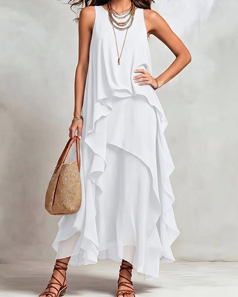 Robe Col Rond Sans Manches Irrégulière