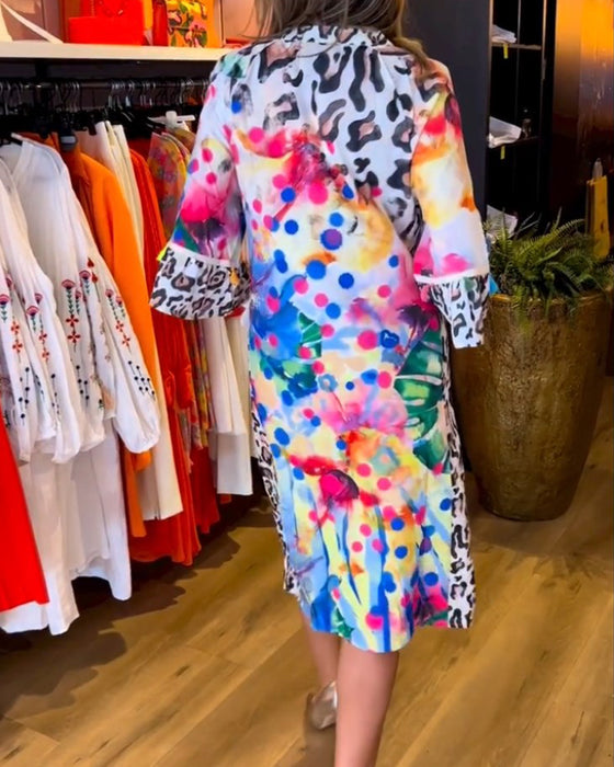 Robe midi à col V et imprimé léopard