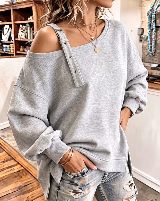 Sweatshirt Épaule Dégagée Bretelle Fente Coupe Lâche