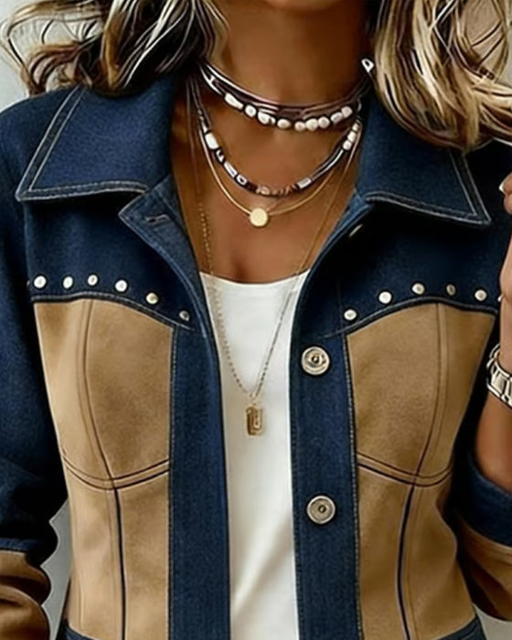 Manteau Capuche Fermeture Éclair Poche Denim Panneau