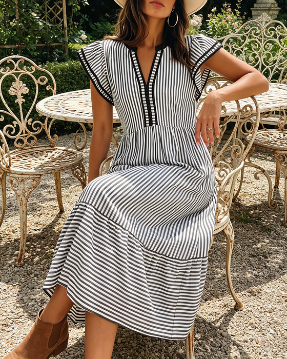 Robe Rayée Double Volant Manches Courtes