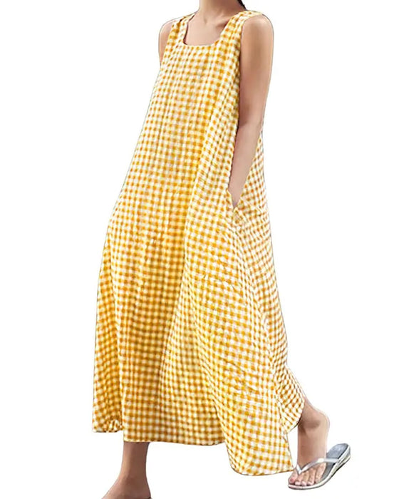 Robe À Carreaux Sans Manches Col Carré Maxi