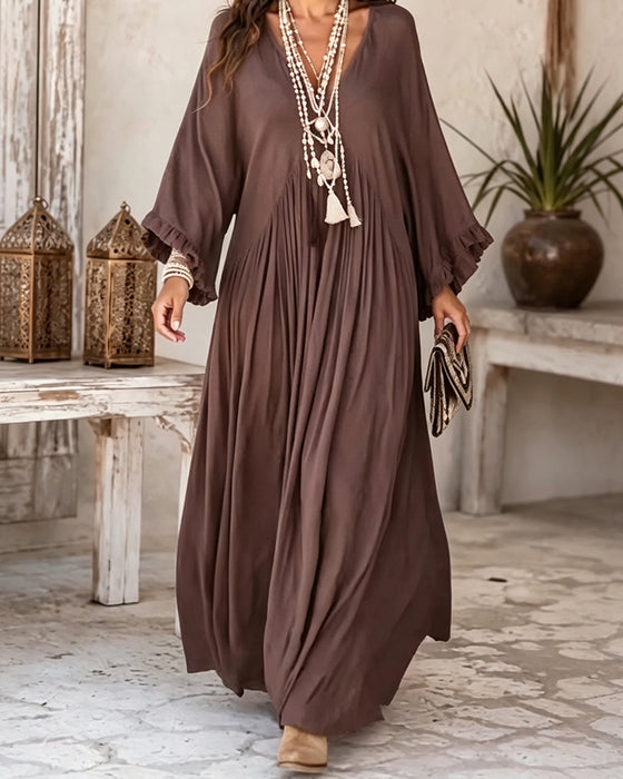Robe Col V Froncée Volant Jupe Ample