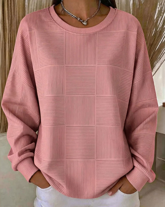 Sweatshirt Texture Quadrillée Manches Longues Unie Pullover