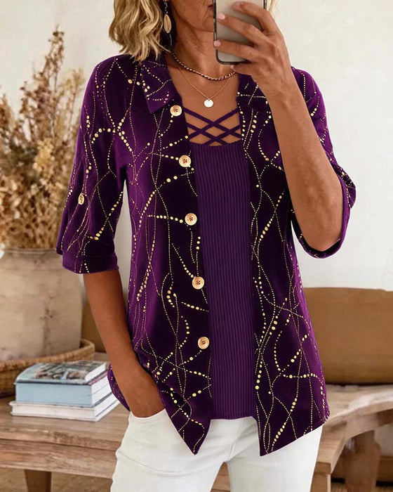Blouse Revers Bouton Devant Croisé Fausse Superposition