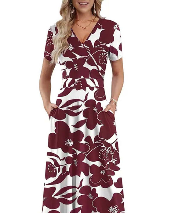 Robe Col V Imprimée À Manches Courtes