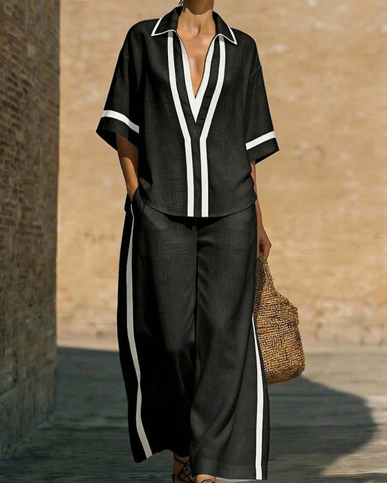 Ensemble Chemise Et Pantalon Large Coupe Ample Contraste De Couleurs
