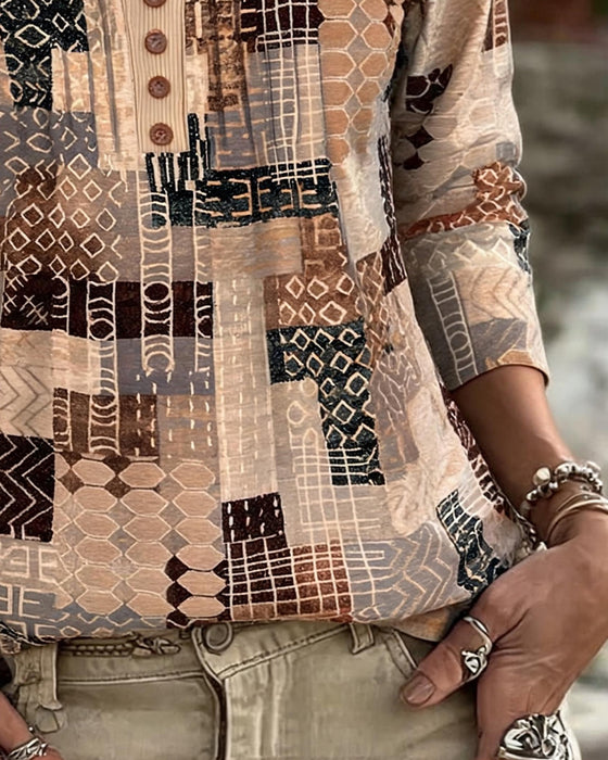 T-Shirt Géométrique Patchwork Imprimé Henley