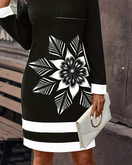 Robe à grandes fleurs color block à col rond
