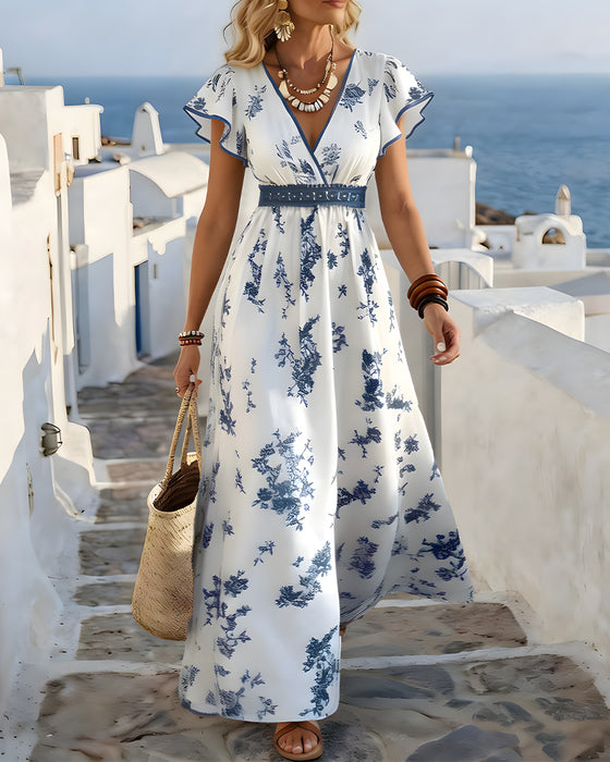 Robe Manche Volantée Col V Croisé Taille
