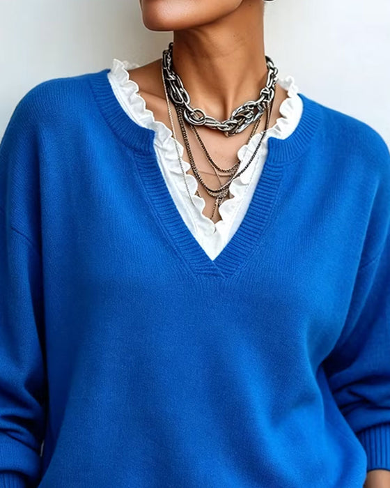 Pullover Faux Deux Pièces Col En V Bordure En Dentelle