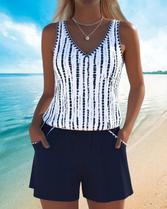 Maillot de bain décontracté à poches et col en V imprimé deux pièces