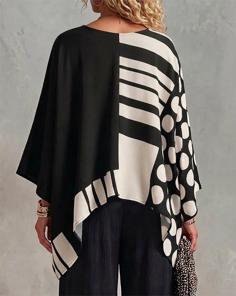 Blouse Polka Dot Rayure Patchwork V Encollure
