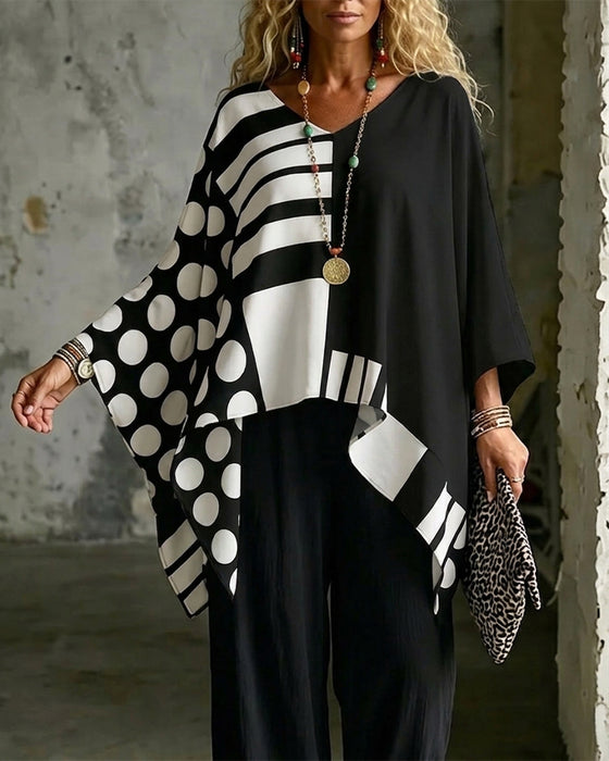 Blouse Polka Dot Rayure Patchwork V Encollure