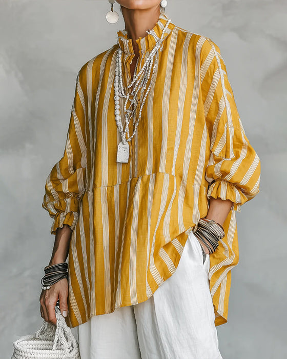 Chemise Col Montant Manche Lanterne Rayé