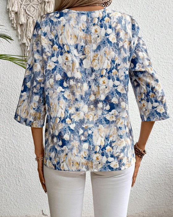 Blouse Col En V Manches Trois-Quarts Imprimé Fleuri