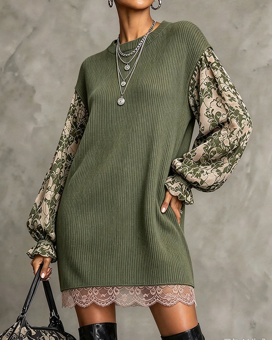 Robe Col Rond Côtelé Dentelle Patchwork Volant