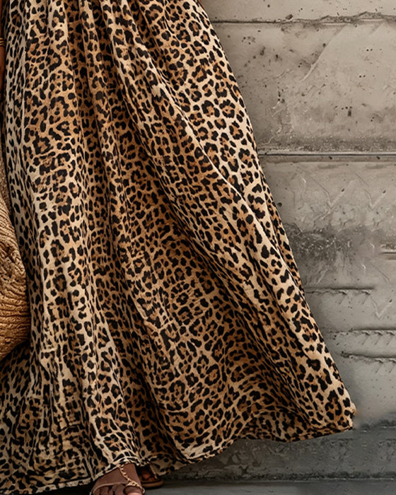 Robe Léopard Imprimé Col V Manche Bouffante