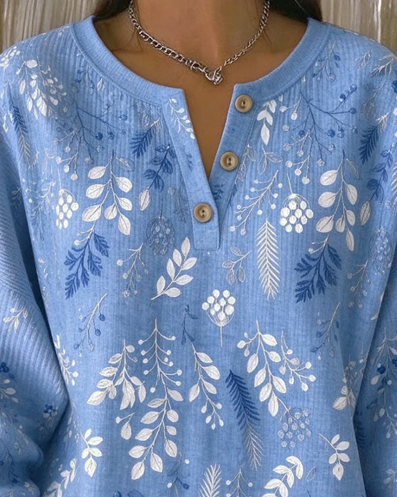 Sweatshirt Gaufré Col Henry Imprimé Floral
