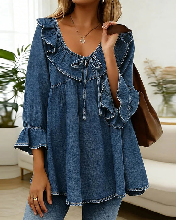 Blouse À Lien Volanté En Denim Col Rond