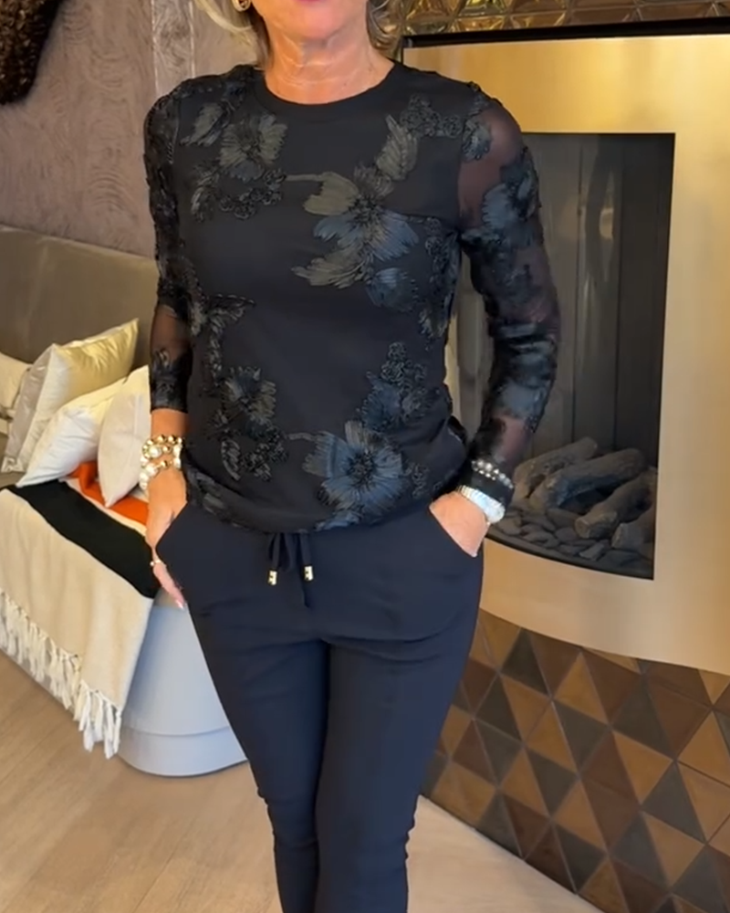 Haut Élégant À Col Rond Et Manches Longues