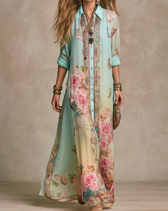 Robe Revers Papillon Rose Imprimé
