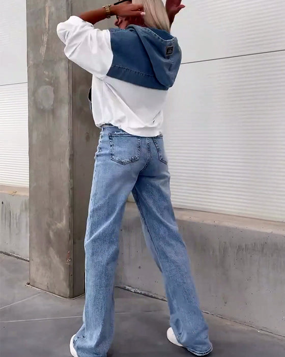 Sweat à capuche zippé en patchwork de denim décontracté