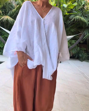 Blouse Col En V Asymétrique Unie Décontractée