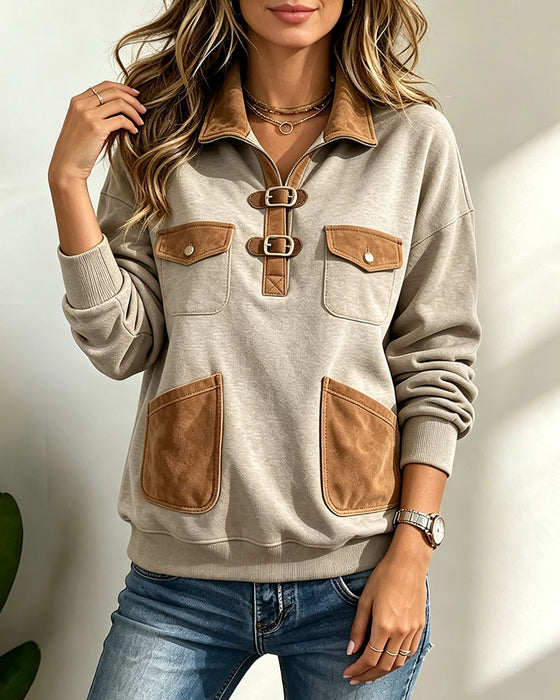 Sweat-Shirt Suède Patchwork Poche