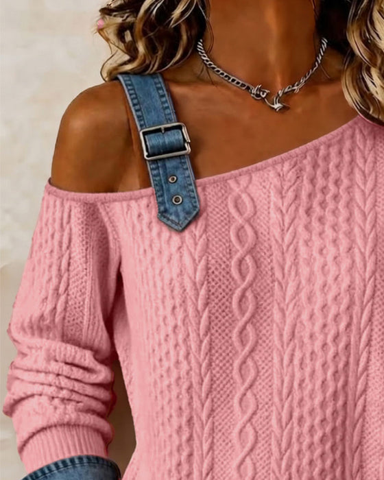 Sweatshirt Une Épaule Bretelles Denim Patchwork Décontracté