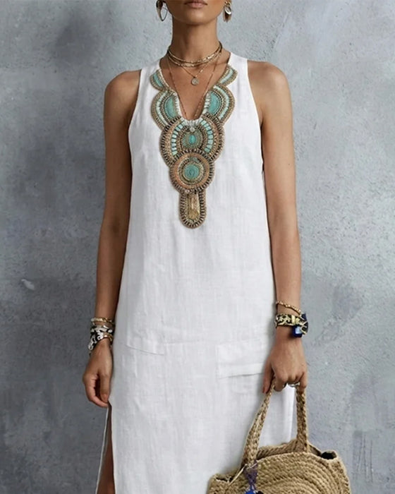 Robe Sans Manches Col En V Bohémienne Longue