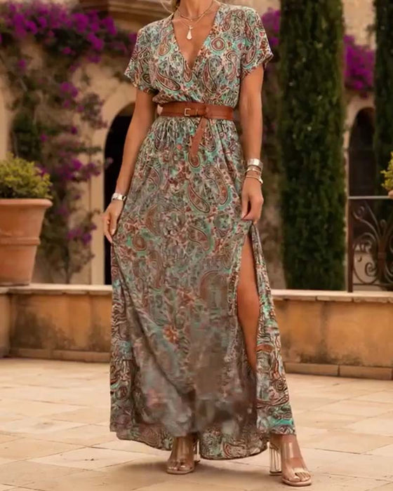 Robe Col En V Vintage Paisley Fente Longue