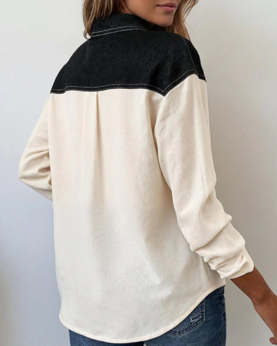 Chemisier décontracté à revers en denim patchwork