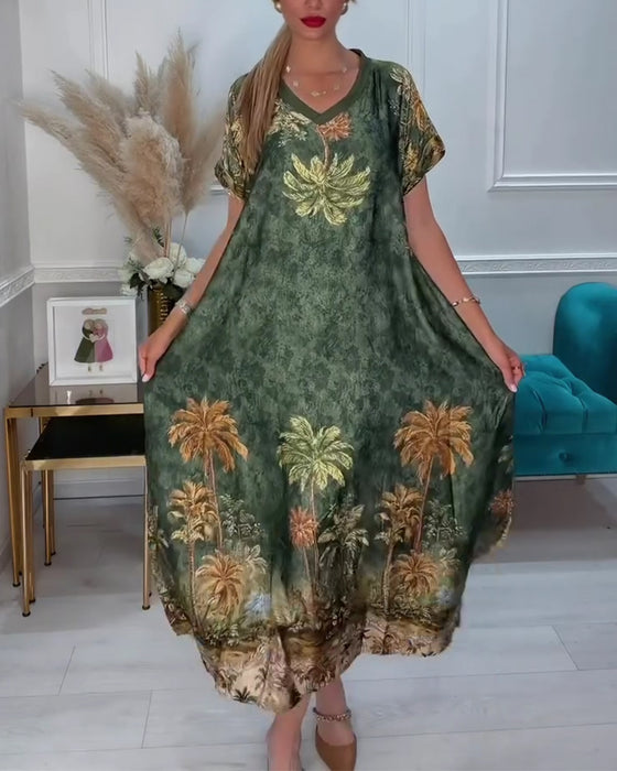Robe Col En V Palmier Imprimé Manches Courtes Longue